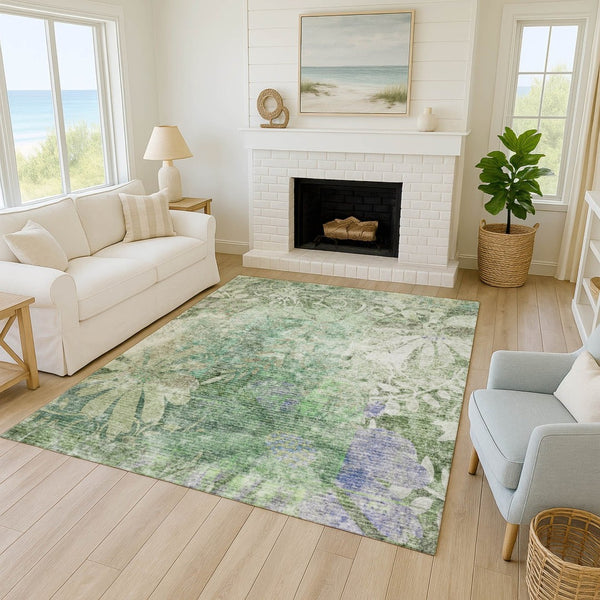 HomeRoots 5' Teal Blue & Ivory Floral Washable Area Rug - Durable, Stylish, Indoor/Outdoor for High-Traffic Spaces 639270