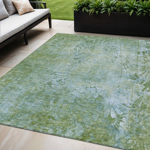 HomeRoots 5' X 8' Artichoke Green Floral Area Rug - Washable, Stain-Resistant, Perfect for Indoor & Outdoor Use 639276