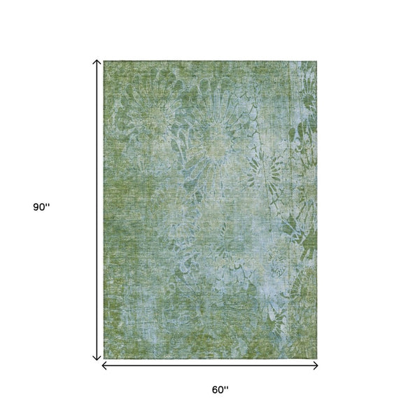 HomeRoots 5' X 8' Artichoke Green Floral Area Rug - Washable, Stain-Resistant, Perfect for Indoor & Outdoor Use 639276