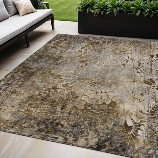 HomeRoots 5' X 8' Brown and Beige Floral Area Rug - Durable, Washable, Stylish for Indoor & Outdoor Spaces 639282