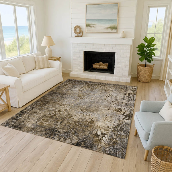 HomeRoots 5' X 8' Brown and Beige Floral Area Rug - Durable, Washable, Stylish for Indoor & Outdoor Spaces 639282