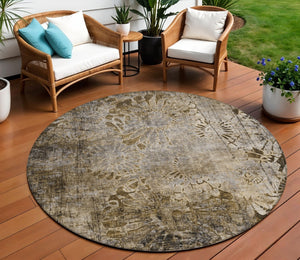HomeRoots 8' Round Floral Washable Rug in Brown and Beige - Durable, Indoor/Outdoor Accent for Any Space 639283