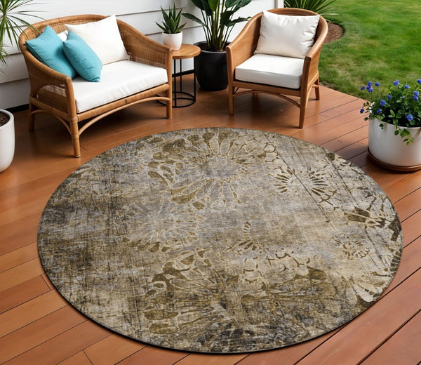 HomeRoots 8' Round Floral Washable Rug in Brown and Beige - Durable, Indoor/Outdoor Accent for Any Space 639283