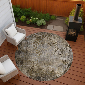 HomeRoots 8' Round Floral Washable Rug in Brown and Beige - Durable, Indoor/Outdoor Accent for Any Space 639283