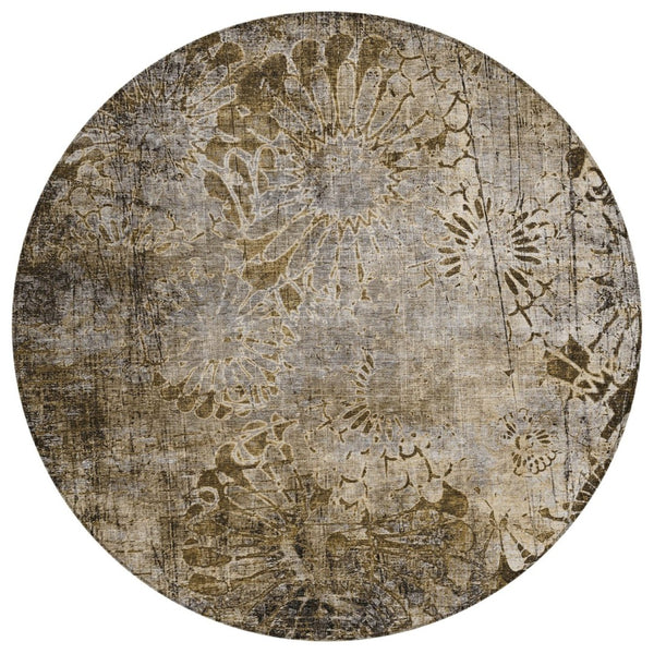 HomeRoots 8' Round Floral Washable Rug in Brown and Beige - Durable, Indoor/Outdoor Accent for Any Space 639283