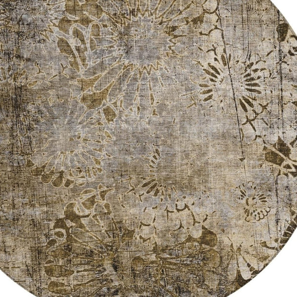 HomeRoots 8' Round Floral Washable Rug in Brown and Beige - Durable, Indoor/Outdoor Accent for Any Space 639283