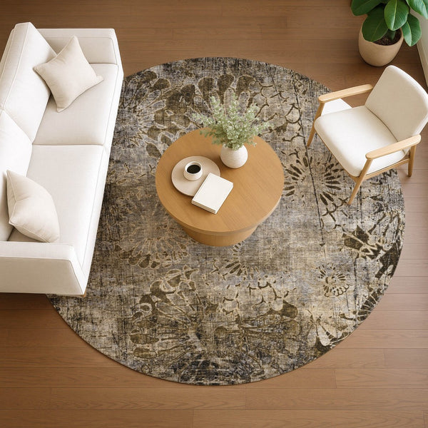HomeRoots 8' Round Floral Washable Rug in Brown and Beige - Durable, Indoor/Outdoor Accent for Any Space 639283
