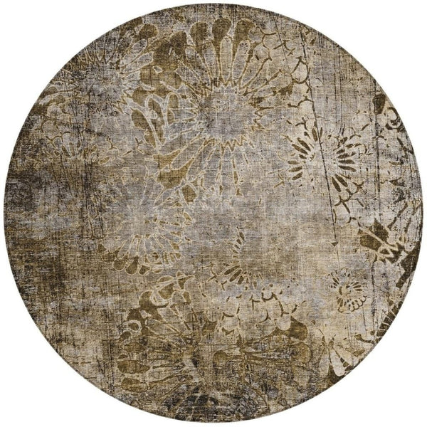 HomeRoots 8' Round Floral Washable Rug in Brown and Beige - Durable, Indoor/Outdoor Accent for Any Space 639283