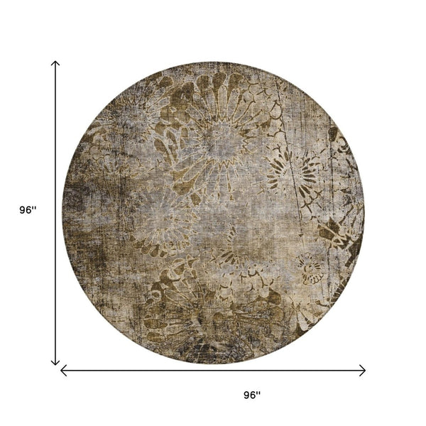 HomeRoots 8' Round Floral Washable Rug in Brown and Beige - Durable, Indoor/Outdoor Accent for Any Space 639283