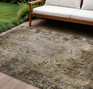 HomeRoots 10' Brown & Beige Floral Washable Area Rug – Durable, Elegant Indoor/Outdoor Design for Any Space 639286