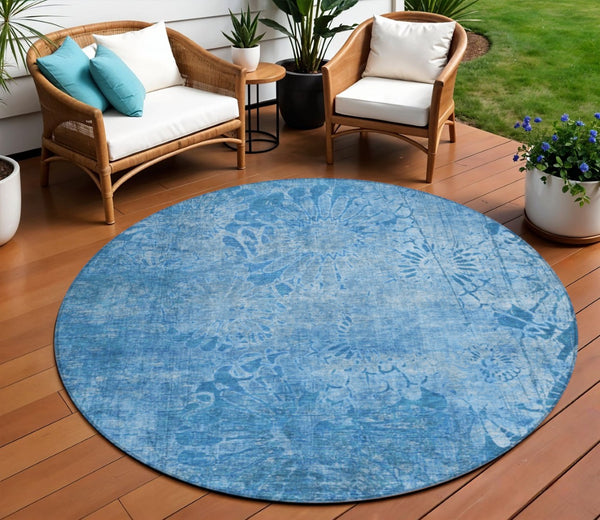 HomeRoots 8' Denim Blue Round Floral Indoor/Outdoor Area Rug - Machine Washable, Durable, Pet-Friendly Design 639289