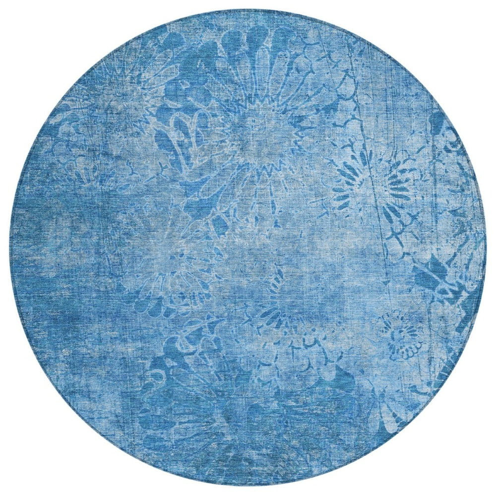 HomeRoots 8' Denim Blue Round Floral Indoor/Outdoor Area Rug - Machine Washable, Durable, Pet-Friendly Design 639289