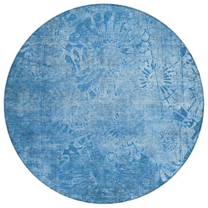 HomeRoots 8' Denim Blue Round Floral Indoor/Outdoor Area Rug - Machine Washable, Durable, Pet-Friendly Design 639289