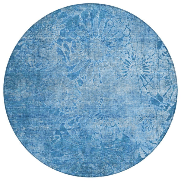 HomeRoots 8' Denim Blue Round Floral Indoor/Outdoor Area Rug - Machine Washable, Durable, Pet-Friendly Design 639289