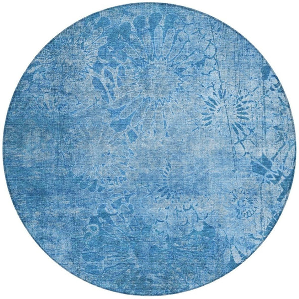 HomeRoots 8' Denim Blue Round Floral Indoor/Outdoor Area Rug - Machine Washable, Durable, Pet-Friendly Design 639289