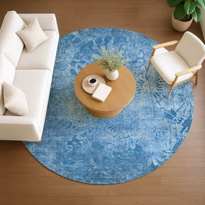 HomeRoots 8' Denim Blue Round Floral Indoor/Outdoor Area Rug - Machine Washable, Durable, Pet-Friendly Design 639289