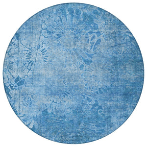 HomeRoots 8' Denim Blue Round Floral Indoor/Outdoor Area Rug - Machine Washable, Durable, Pet-Friendly Design 639289