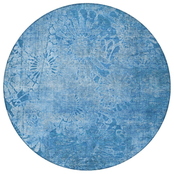 HomeRoots 8' Denim Blue Round Floral Indoor/Outdoor Area Rug - Machine Washable, Durable, Pet-Friendly Design 639289