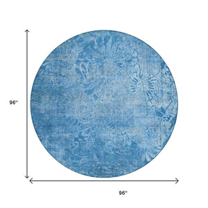 HomeRoots 8' Denim Blue Round Floral Indoor/Outdoor Area Rug - Machine Washable, Durable, Pet-Friendly Design 639289