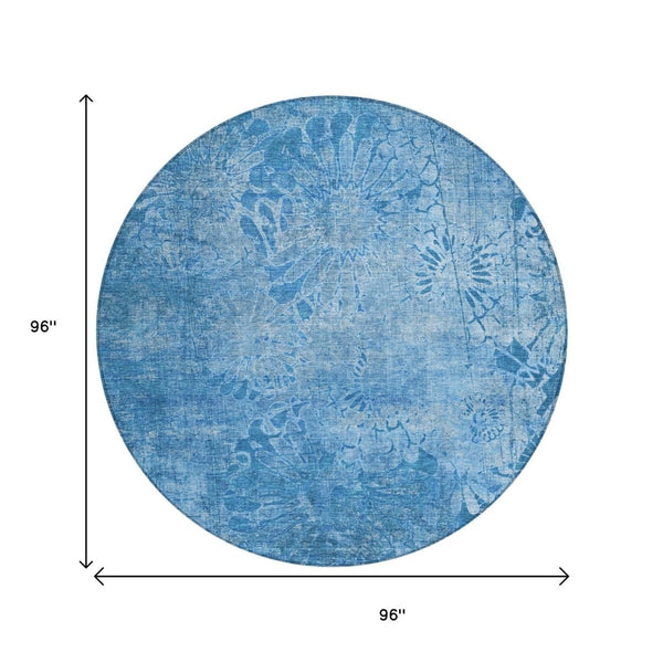 HomeRoots 8' Denim Blue Round Floral Indoor/Outdoor Area Rug - Machine Washable, Durable, Pet-Friendly Design 639289