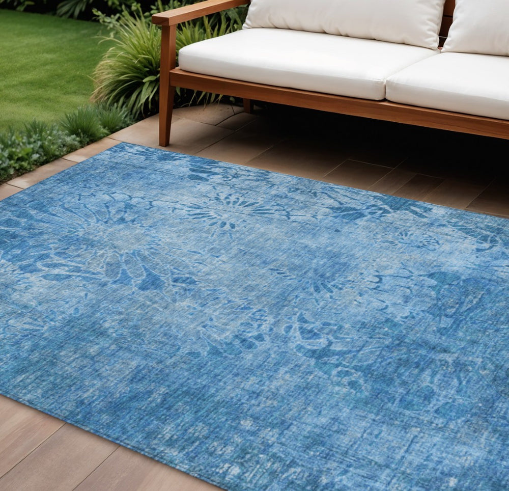 HomeRoots 8' X 10' Coastal Charm Denim Blue Floral Area Rug - Durable, Washable, Indoor/Outdoor Style & Elegance 639290
