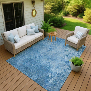 HomeRoots 8' X 10' Coastal Charm Denim Blue Floral Area Rug - Durable, Washable, Indoor/Outdoor Style & Elegance 639290