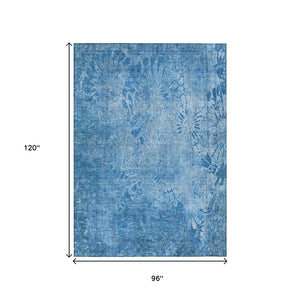 HomeRoots 8' X 10' Coastal Charm Denim Blue Floral Area Rug - Durable, Washable, Indoor/Outdoor Style & Elegance 639290