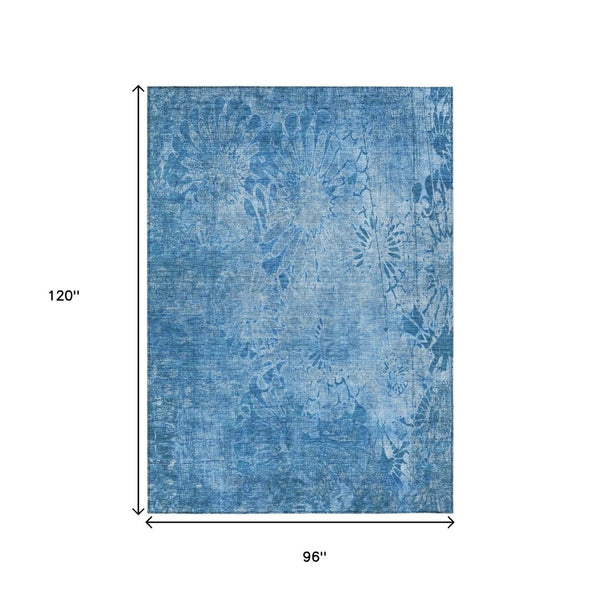 HomeRoots 8' X 10' Coastal Charm Denim Blue Floral Area Rug - Durable, Washable, Indoor/Outdoor Style & Elegance 639290