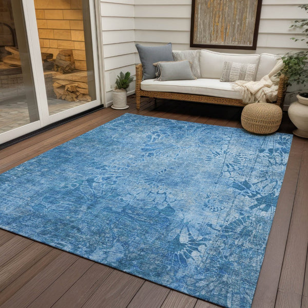 HomeRoots 8' X 10' Coastal Charm Denim Blue Floral Area Rug - Durable, Washable, Indoor/Outdoor Style & Elegance 639290