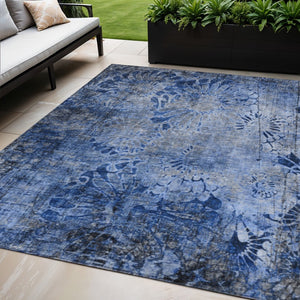 HomeRoots 5' X 8' Navy Blue & Gray Floral Area Rug - Stylish, Washable, Durable for Indoor & Outdoor Spaces 639294