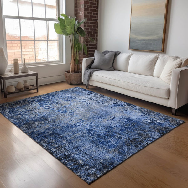 HomeRoots 5' X 8' Navy Blue & Gray Floral Area Rug - Stylish, Washable, Durable for Indoor & Outdoor Spaces 639294