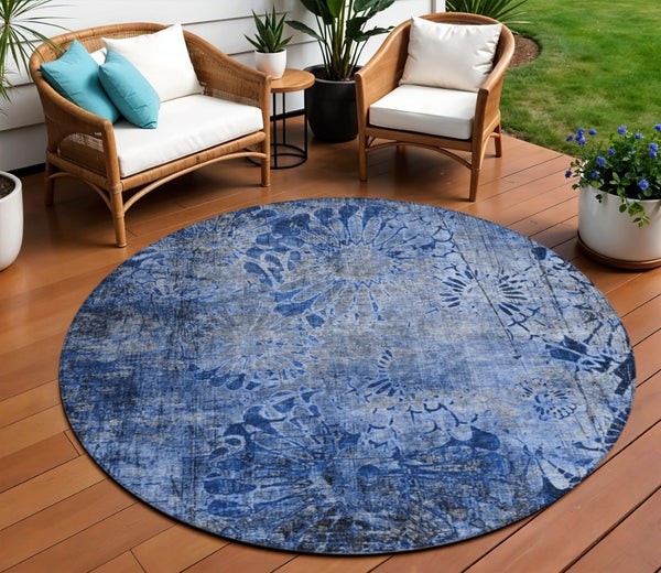 HomeRoots 8' Navy Blue and Gray Round Floral Area Rug - Durable, Stain-Resistant, Machine Washable for Indoors & Outdoors 639295