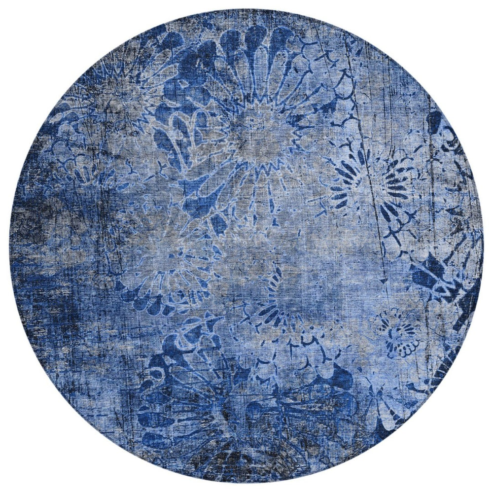 HomeRoots 8' Navy Blue and Gray Round Floral Area Rug - Durable, Stain-Resistant, Machine Washable for Indoors & Outdoors 639295
