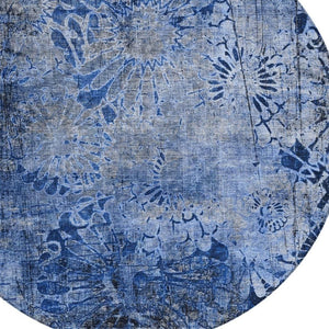 HomeRoots 8' Navy Blue and Gray Round Floral Area Rug - Durable, Stain-Resistant, Machine Washable for Indoors & Outdoors 639295