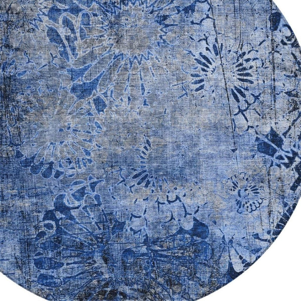 HomeRoots 8' Navy Blue and Gray Round Floral Area Rug - Durable, Stain-Resistant, Machine Washable for Indoors & Outdoors 639295