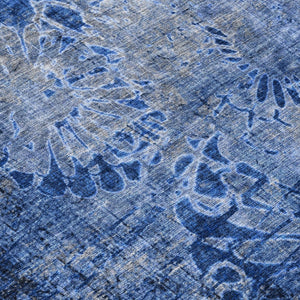 HomeRoots 8' Navy Blue and Gray Round Floral Area Rug - Durable, Stain-Resistant, Machine Washable for Indoors & Outdoors 639295