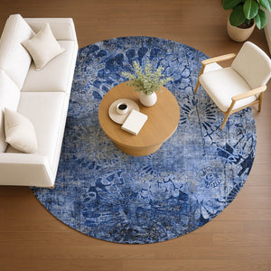 HomeRoots 8' Navy Blue and Gray Round Floral Area Rug - Durable, Stain-Resistant, Machine Washable for Indoors & Outdoors 639295