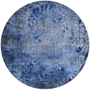 HomeRoots 8' Navy Blue and Gray Round Floral Area Rug - Durable, Stain-Resistant, Machine Washable for Indoors & Outdoors 639295