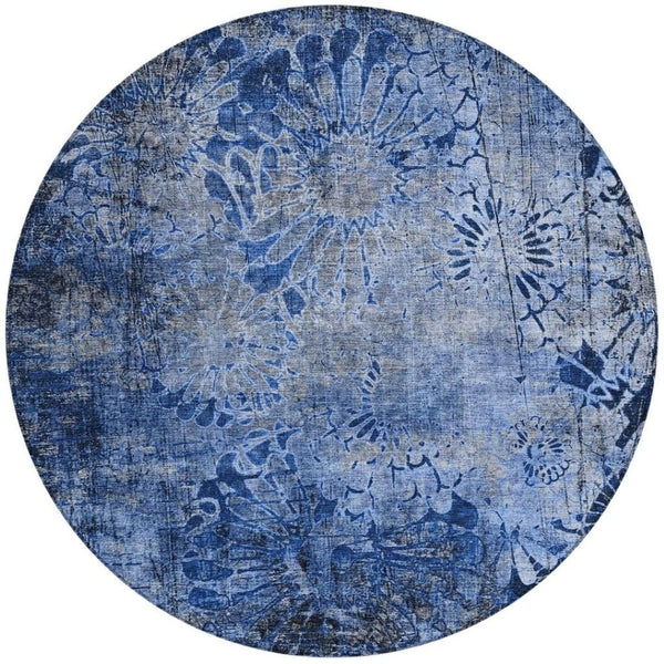 HomeRoots 8' Navy Blue and Gray Round Floral Area Rug - Durable, Stain-Resistant, Machine Washable for Indoors & Outdoors 639295
