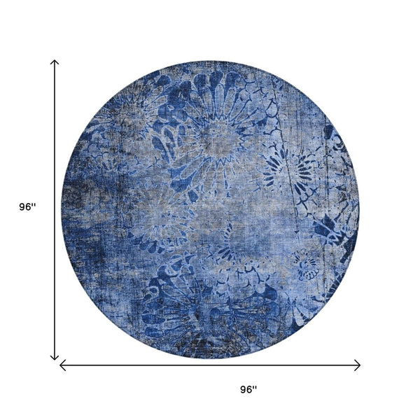 HomeRoots 8' Navy Blue and Gray Round Floral Area Rug - Durable, Stain-Resistant, Machine Washable for Indoors & Outdoors 639295