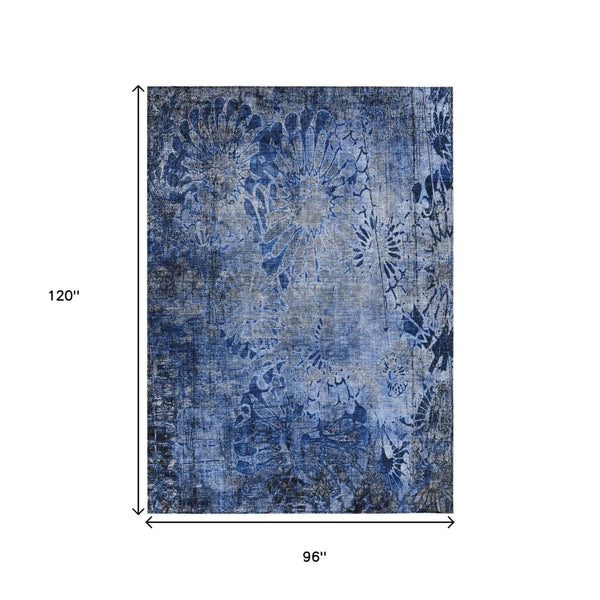 HomeRoots 8' X 10' Navy Blue and Gray Floral Rug - Durable, Washable Area Rug for Indoor & Outdoor Spaces 639296