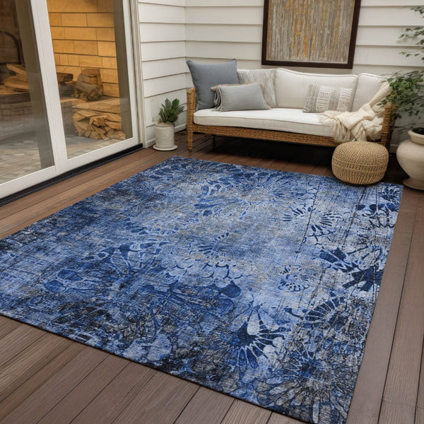 HomeRoots 8' X 10' Navy Blue and Gray Floral Rug - Durable, Washable Area Rug for Indoor & Outdoor Spaces 639296