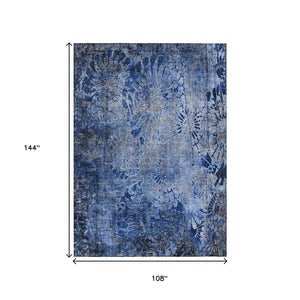 HomeRoots 9' Navy Blue and Gray Floral Washable Indoor Outdoor Area Rug - Stylish, Durable, Easy-Care Accent 639297