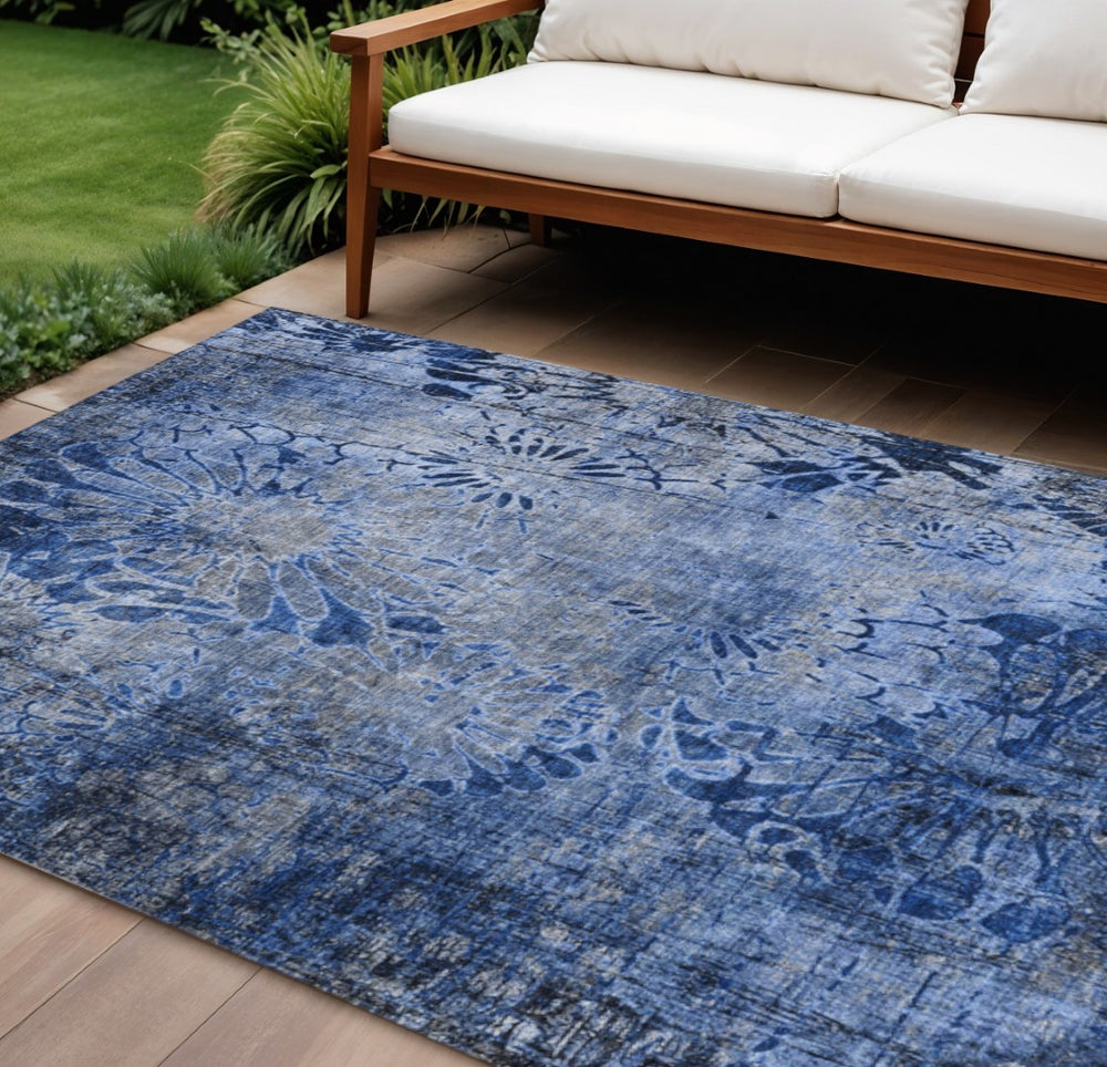 HomeRoots 10' Navy Blue and Gray Floral Washable Area Rug - Durable Indoor/Outdoor Design for Stylish Spaces 639298