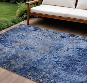 HomeRoots 10' Navy Blue and Gray Floral Washable Area Rug - Durable Indoor/Outdoor Design for Stylish Spaces 639298