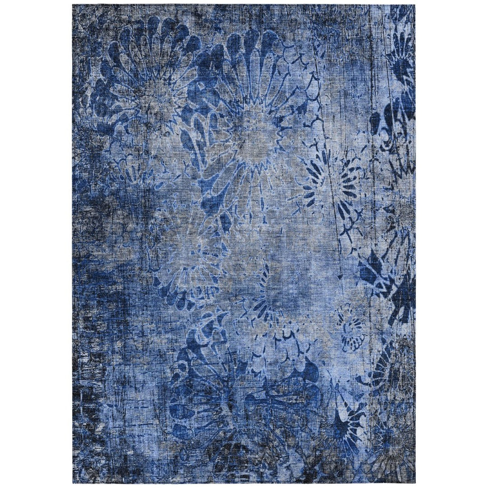 HomeRoots 10' Navy Blue and Gray Floral Washable Area Rug - Durable Indoor/Outdoor Design for Stylish Spaces 639298