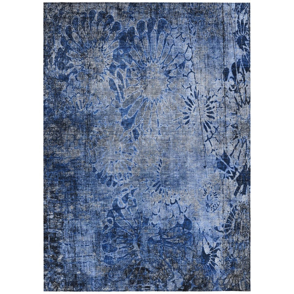 HomeRoots 10' Navy Blue and Gray Floral Washable Area Rug - Durable Indoor/Outdoor Design for Stylish Spaces 639298