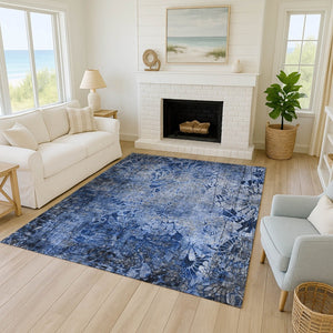 HomeRoots 10' Navy Blue and Gray Floral Washable Area Rug - Durable Indoor/Outdoor Design for Stylish Spaces 639298