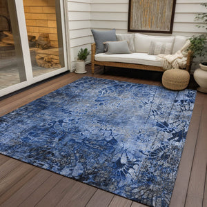 HomeRoots 10' Navy Blue and Gray Floral Washable Area Rug - Durable Indoor/Outdoor Design for Stylish Spaces 639298