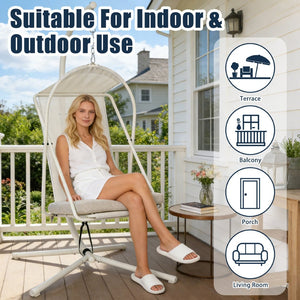 English Elm Hanging Egg Chair with Freestanding Steel Stand Rattan Cocoon Seat for Patio Balcony White+Gray T5880P494888